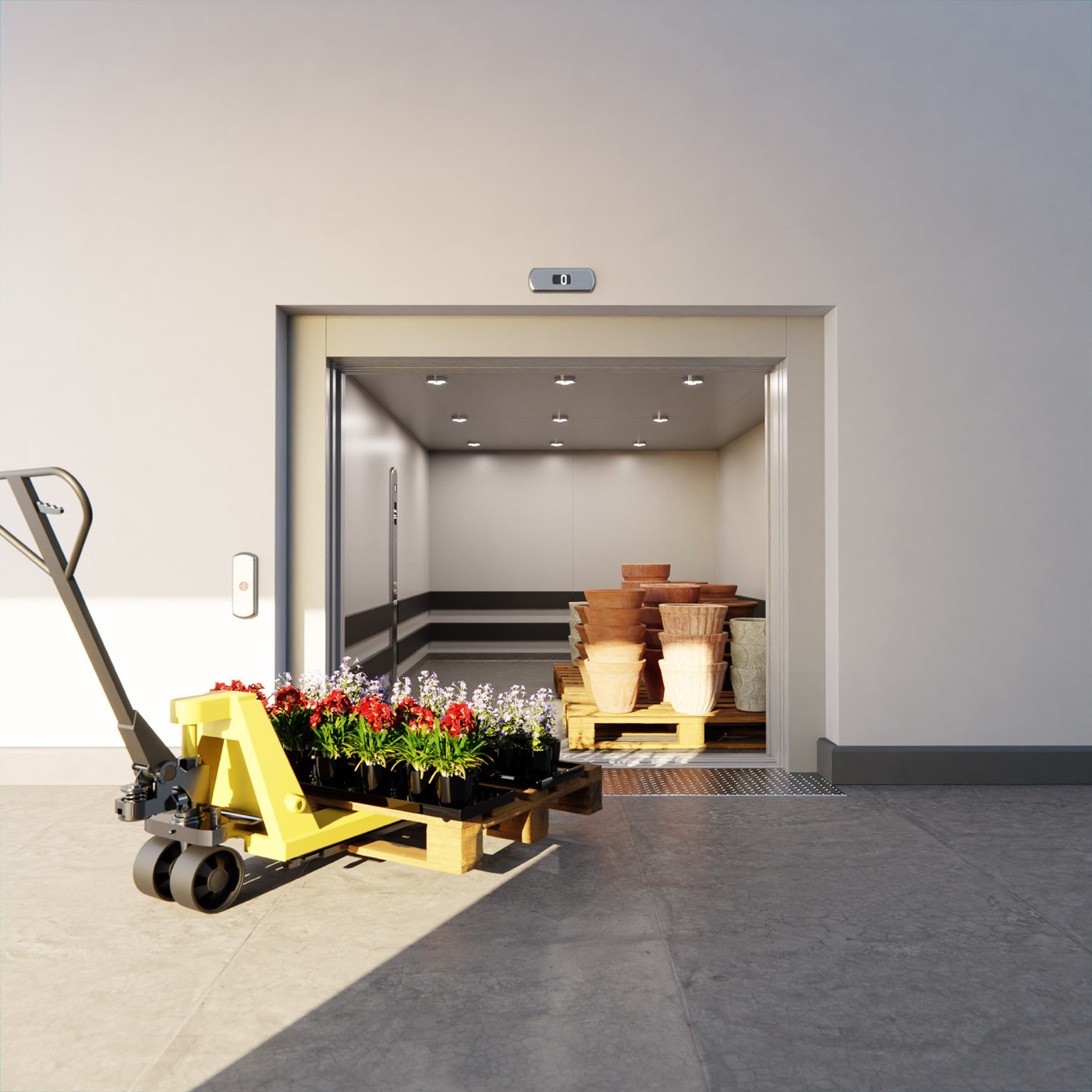 Goods lift with a pallet truck and flowers