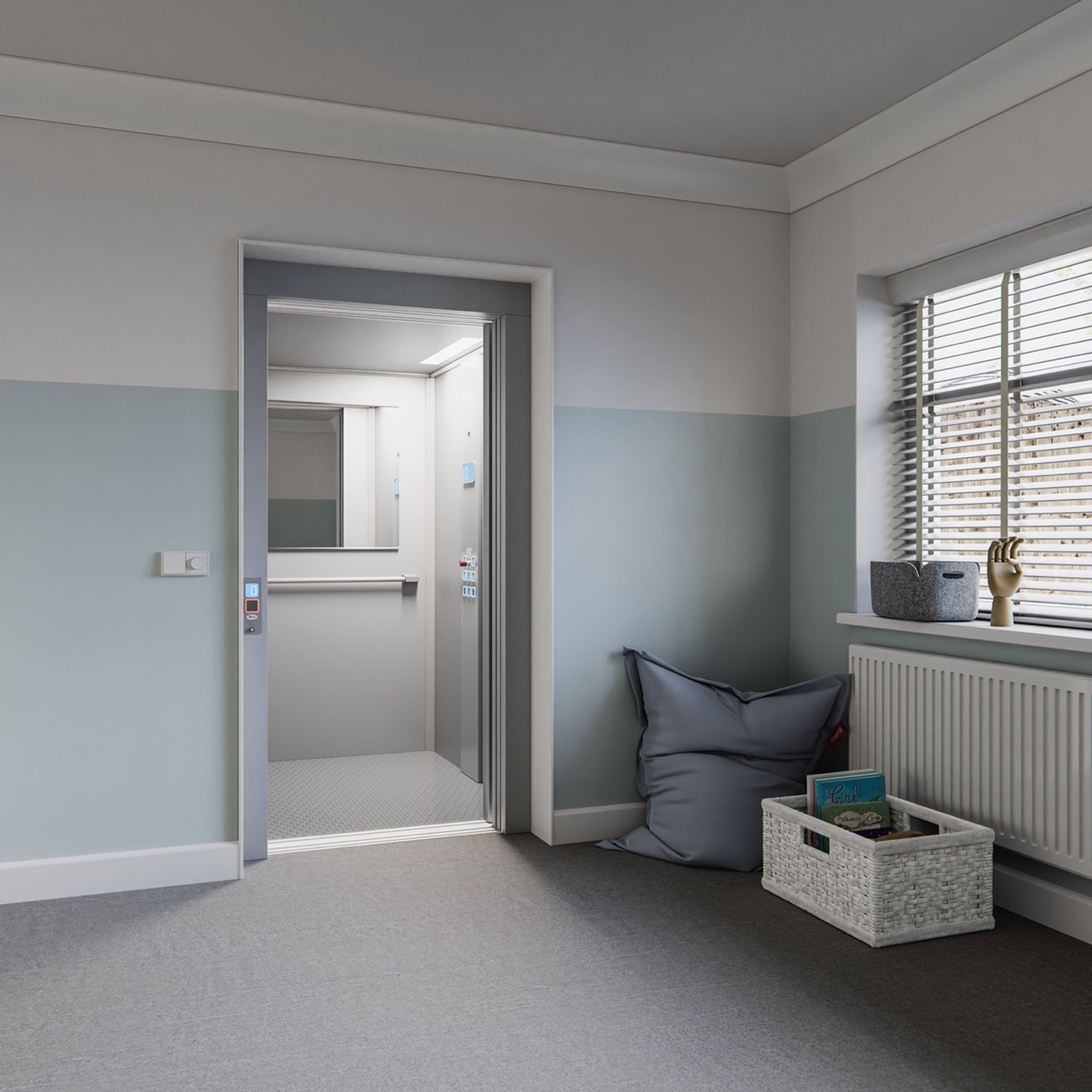 Premier home lift in a bright hallway beside a stair