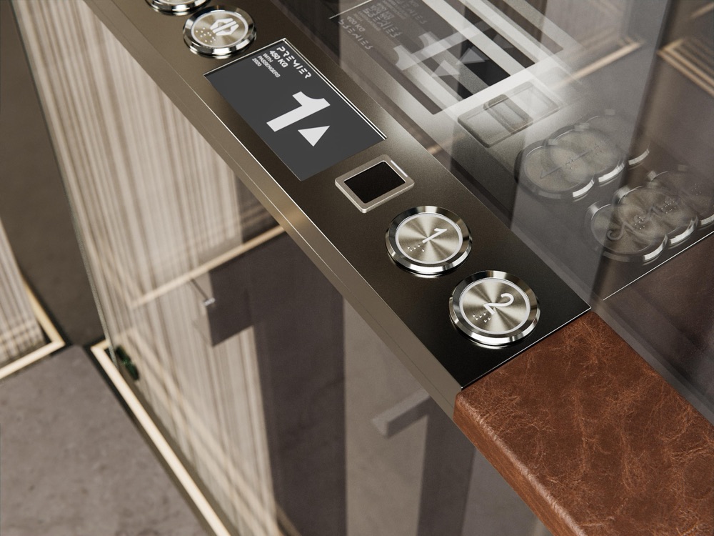 Brushed metal lift buttons set in leather